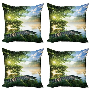 Ambesonne Nature Throw Pillow Cover 4 Pack, Fishing Pier by River, 18", Green Blue White