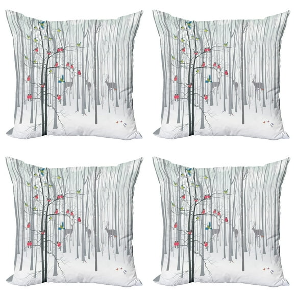 Ambesonne Nature Throw Pillow Cover 4 Pack, Flock of Birds on Tree, 18", Multicolor