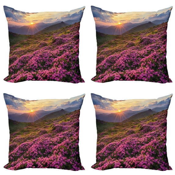Ambesonne Nature Throw Pillow Cover 4 Pack, Flower Meadow Mountain, 16", Multicolor