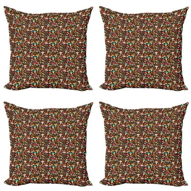 Ambesonne Nature Throw Pillow Cover 4 Pack, Flowers Leaves on Brown Back, 20", Multicolor