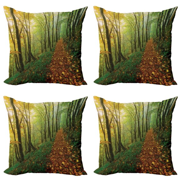 Ambesonne Nature Throw Pillow Cover 4 Pack, Forest Path View, 24", Green Yellow