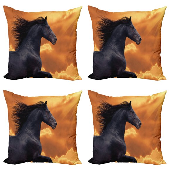 Ambesonne Nature Throw Pillow Cover 4 Pack, Galloping Friesian Horse, 20", Black Orange