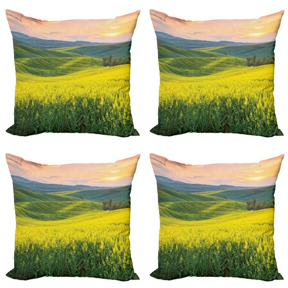 Ambesonne Nature Throw Pillow Cover 4 Pack, Hills Valley Sunrise, 16", Yellow Green