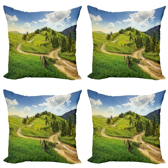 Ambesonne Nature Throw Pillow Cover 4 Pack, Hillside Meadow Trees, 24", Green Blue