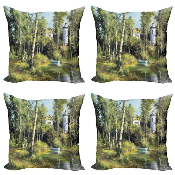 Ambesonne Nature Throw Pillow Cover 4 Pack, House in Forest, 16", Green