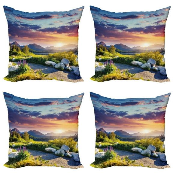 Ambesonne Nature Throw Pillow Cover 4 Pack, Idyllic Sky Europe Park, 18", Fern Green Blue Lilac