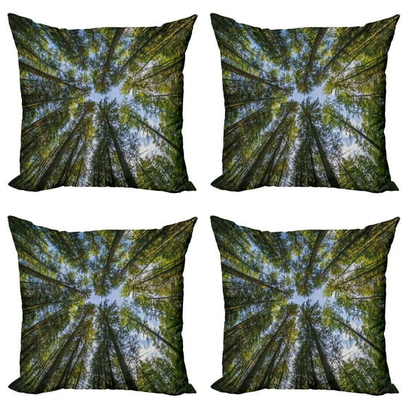 Ambesonne Nature Throw Pillow Cover 4 Pack, Jungle Moss Forest Trees, 24", Forest Green Sky Blue