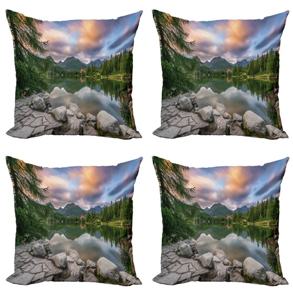 Ambesonne Nature Throw Pillow Cover 4 Pack, Lake by Forest Mountain, 18", Multicolor