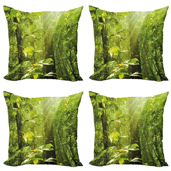 Ambesonne Nature Throw Pillow Cover 4 Pack, Leaf Branches Woodland, 18", Lime Green Brown