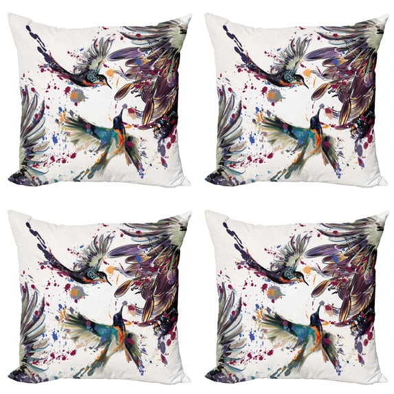 Ambesonne Nature Throw Pillow Cover 4 Pack, Lily Birds Watercolor, 16", Orange and Blue