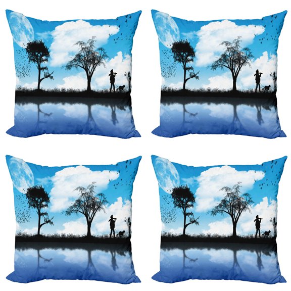 Ambesonne Nature Throw Pillow Cover 4 Pack, Man Dog Lake Tree Moon, 20", Sky Blue Black White
