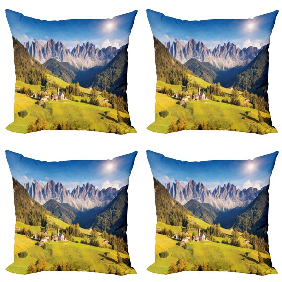 Ambesonne Nature Throw Pillow Cover 4 Pack, Morning at Countryside, 20", Grey and Green