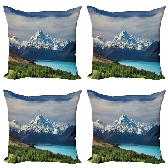 Ambesonne Nature Throw Pillow Cover 4 Pack, Mount Cook Pukaki Lake, 20", Blue White Green