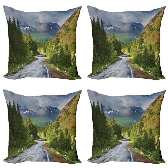 Ambesonne Nature Throw Pillow Cover 4 Pack, Mountain Landscape Road, 18", Green Grey Brown