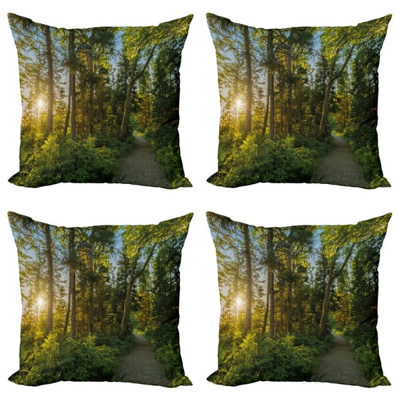 Ambesonne Nature Throw Pillow Cover 4 Pack, National Park Trees Path, 24", Blue Green