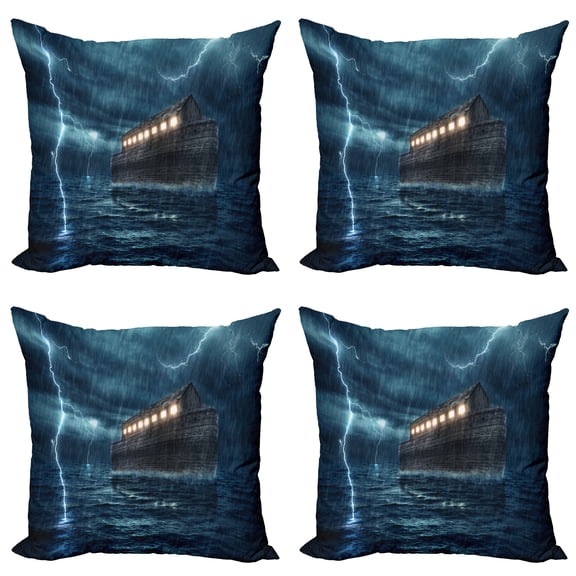 Ambesonne Nature Throw Pillow Cover 4 Pack, Old Wood Boat Dramatic, 18", Blue Brown