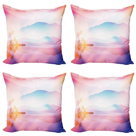 Ambesonne Nature Throw Pillow Cover 4 Pack, Ombre Tropical Landscape, 18", Pale Sky Blue Champagne