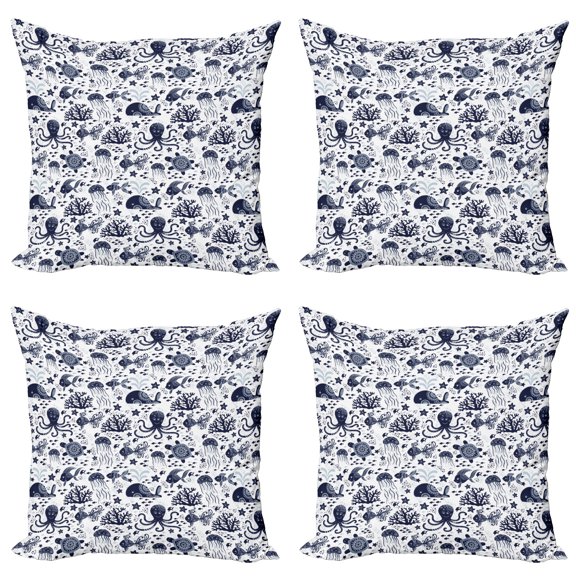Ambesonne Nature Throw Pillow Cover 4 Pack, Ornament Nautical Creatures, 20", Indigo White