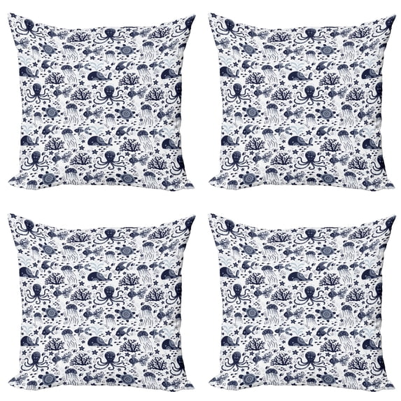 Ambesonne Nature Throw Pillow Cover 4 Pack, Ornament Nautical Creatures, 24", Indigo White