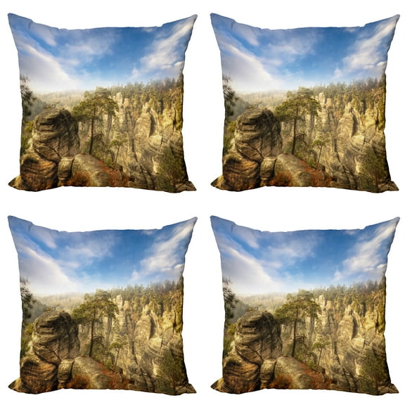 Ambesonne Nature Throw Pillow Cover 4 Pack, Park in Czech Republic, 24", Olive Green Sky Blue