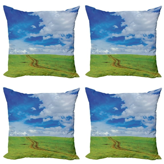 Ambesonne Nature Throw Pillow Cover 4 Pack, Path in Meadow Rural, 24", Blue
