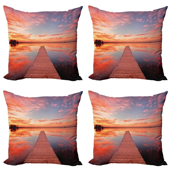 Ambesonne Nature Throw Pillow Cover 4 Pack, Pathway Sunset at Ocean, 16", Orange Lavender