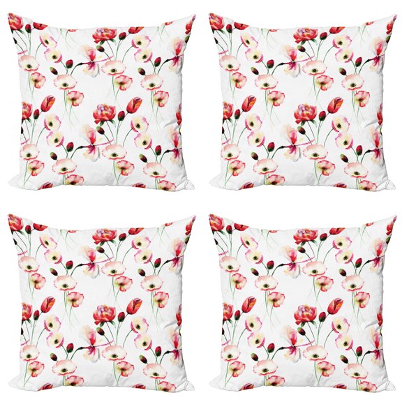Ambesonne Nature Throw Pillow Cover 4 Pack, Poppy Flowers Branches, 16", Multicolor