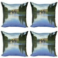 thumbnail image 1 of Ambesonne Nature Throw Pillow Cover 4 Pack, River Bridge Town Trees, 20", Green Blue, 1 of 5