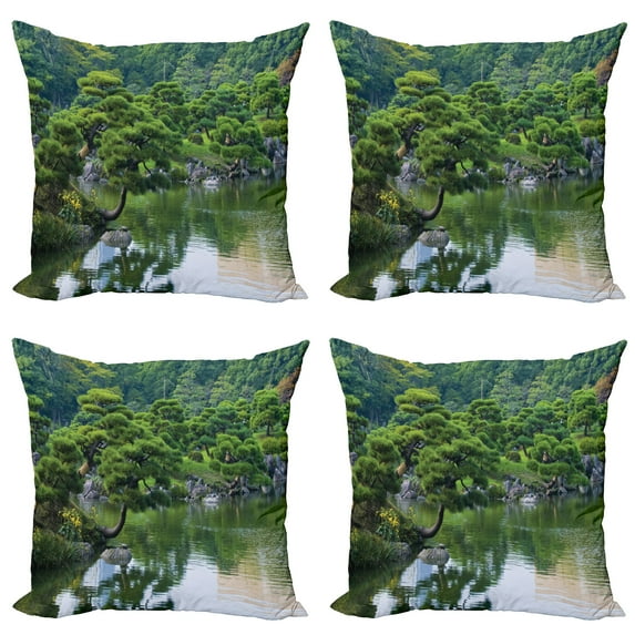 Ambesonne Nature Throw Pillow Cover 4 Pack, River Landscape Trees, 20", Green
