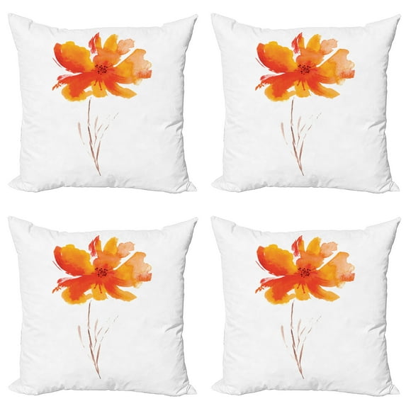 Ambesonne Nature Throw Pillow Cover 4 Pack, Romantic Poppy, 16", White Orange