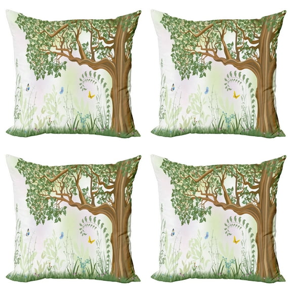 Ambesonne Nature Throw Pillow Cover 4 Pack, Spring Butterfly Paint, 16", Green Brown White