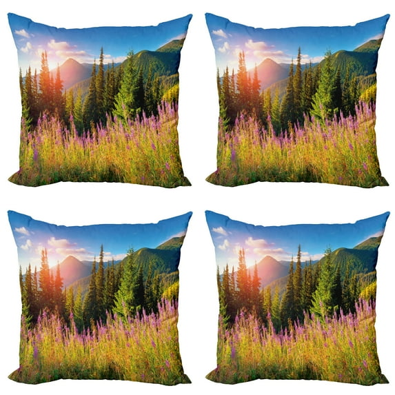Ambesonne Nature Throw Pillow Cover 4 Pack, Spring Flowers Mountain, 20", Green Pink