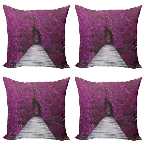 Ambesonne Nature Throw Pillow Cover 4 Pack, Spring Landscape Floral, 24", Purple Grey