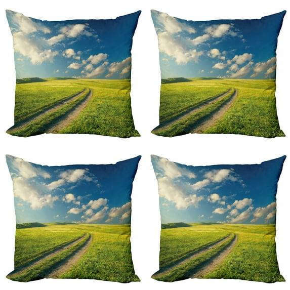 Ambesonne Nature Throw Pillow Cover 4 Pack, Spring Rural Country, 24", Apple Green Dark Blue