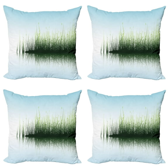 Ambesonne Nature Throw Pillow Cover 4 Pack, Spring Time Sunset Lake, 16", Blue and Green