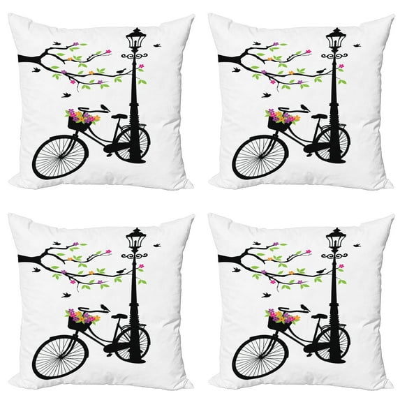 Ambesonne Nature Throw Pillow Cover 4 Pack, Spring Tree Birds Bike, 24", Multicolor