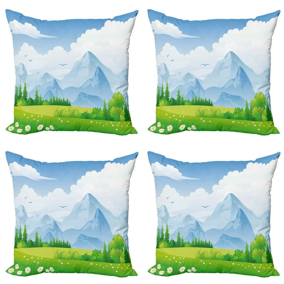 Ambesonne Nature Throw Pillow Cover 4 Pack, Summer Meadow with Daisy, 24", Lime Green Pale Blue