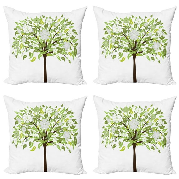 Ambesonne Nature Throw Pillow Cover 4 Pack, Summer Tree Blossoms, 18", Green Brown White