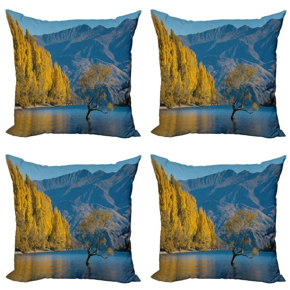 Ambesonne Nature Throw Pillow Cover 4 Pack, Sunken Tree Lake Rural, 20", Earth Yellow Pale Blue