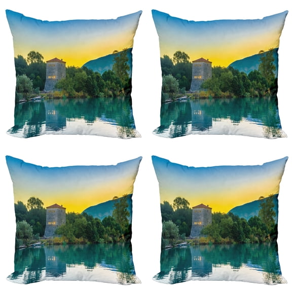 Ambesonne Nature Throw Pillow Cover 4 Pack, Sunrise at Lake, 24", Blue Green