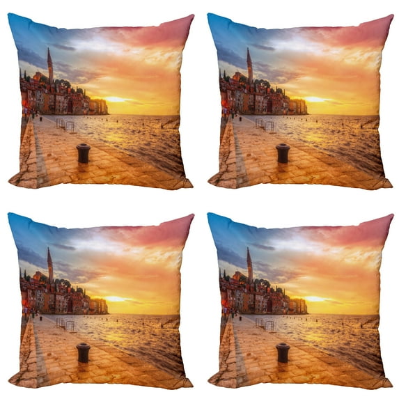 Ambesonne Nature Throw Pillow Cover 4 Pack, Sunset Seashore Coast, 18", Brown Yellow