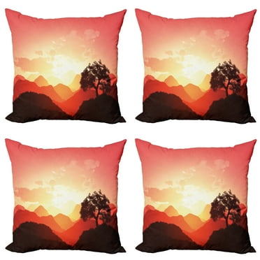 Ambesonne Nature Throw Pillow Cover 4 Pack, Sunset Tree Mountains, 20", Coral Orange Dark Brown