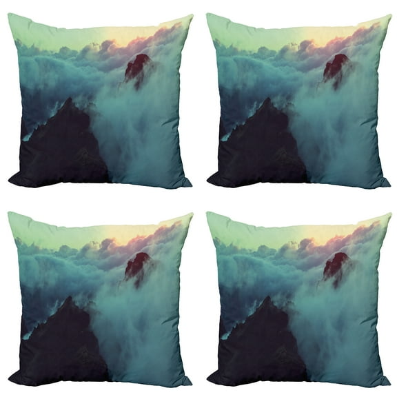 Ambesonne Nature Throw Pillow Cover 4 Pack, Sunset View on Hills, 18", Blue Brown
