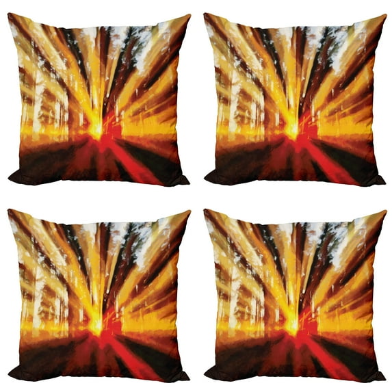 Ambesonne Nature Throw Pillow Cover 4 Pack, Sunset in the Forest, 16", Yellow Orange