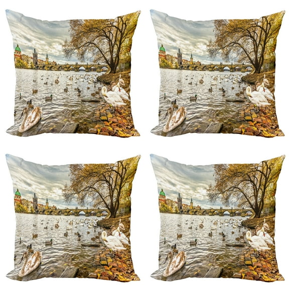 Ambesonne Nature Throw Pillow Cover 4 Pack, Swimming Swans in River, 16", Multicolor