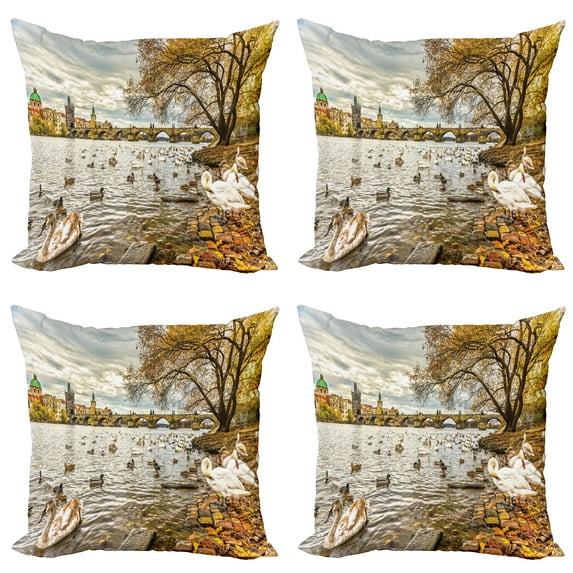 Ambesonne Nature Throw Pillow Cover 4 Pack, Swimming Swans in River, 18", Multicolor