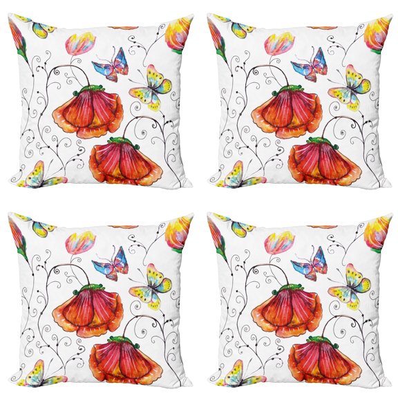 Ambesonne Nature Throw Pillow Cover 4 Pack, Swirled Flowers Flamingo, 16", Multicolor
