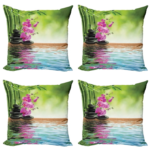 Ambesonne Nature Throw Pillow Cover 4 Pack, Tropic Orchid Flower, 24", Fern Green and Fuchsia