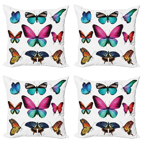 Ambesonne Nature Throw Pillow Cover 4 Pack, Vibrant Butterflies Set, 16", Multicolor