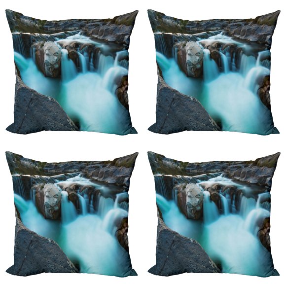 Ambesonne Nature Throw Pillow Cover 4 Pack, Waterfall Basalt Rocks, 18", Sky Blue Grey Green